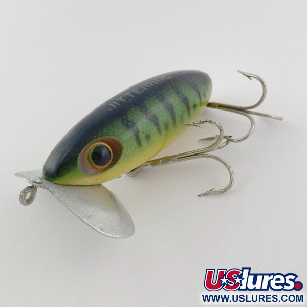  Fred Arbogast Jitterbug Early Bug Eye​ (1960s), Green tiger, 14 g wobler #23902