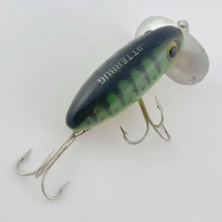 Fred Arbogast Jitterbug Early Bug Eye​ (1960s), Green tiger, 14 g wobler #23902