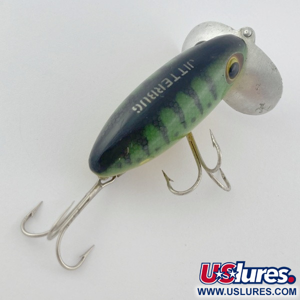  Fred Arbogast Jitterbug Early Bug Eye​ (1960s), Green tiger, 14 g wobler #23902