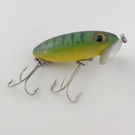 Fred Arbogast Jitterbug Early Bug Eye​ (1960s), Green tiger, 14 g wobler #23902