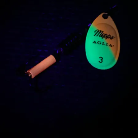 Mepps Aglia 3 UV (świeci w ultrafiolecie), żółty/pomarańczowy/złoty UV - świeci w świetle ultrafioletowym, 7 g błystka obrotowa #3983